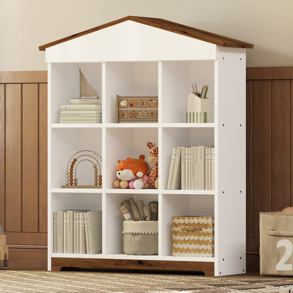 3-Pieces Bedroom Sets, Twin Size House-Shaped Wooden Bed with Storage Drawers, Nightstand with Colorblock Design and House-shaped Stroage Rack, Brown+White