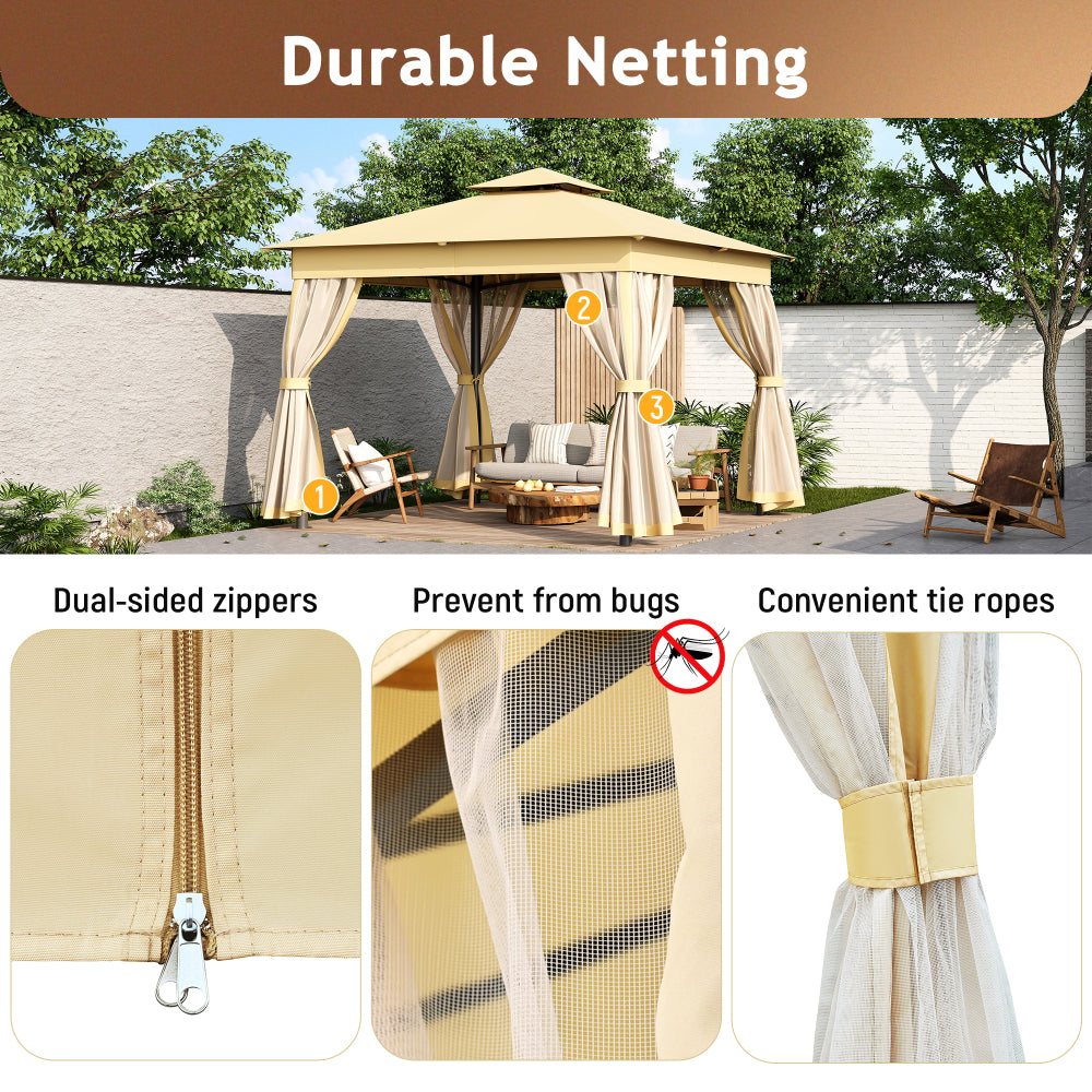 TREXM 10x10 Outdoor Gazebo Tent with Double Roofs, Patio Gazebo with Mosquito Netting, Patio Canopy for Backyard, Garden, Lawn and Deck (Beige)