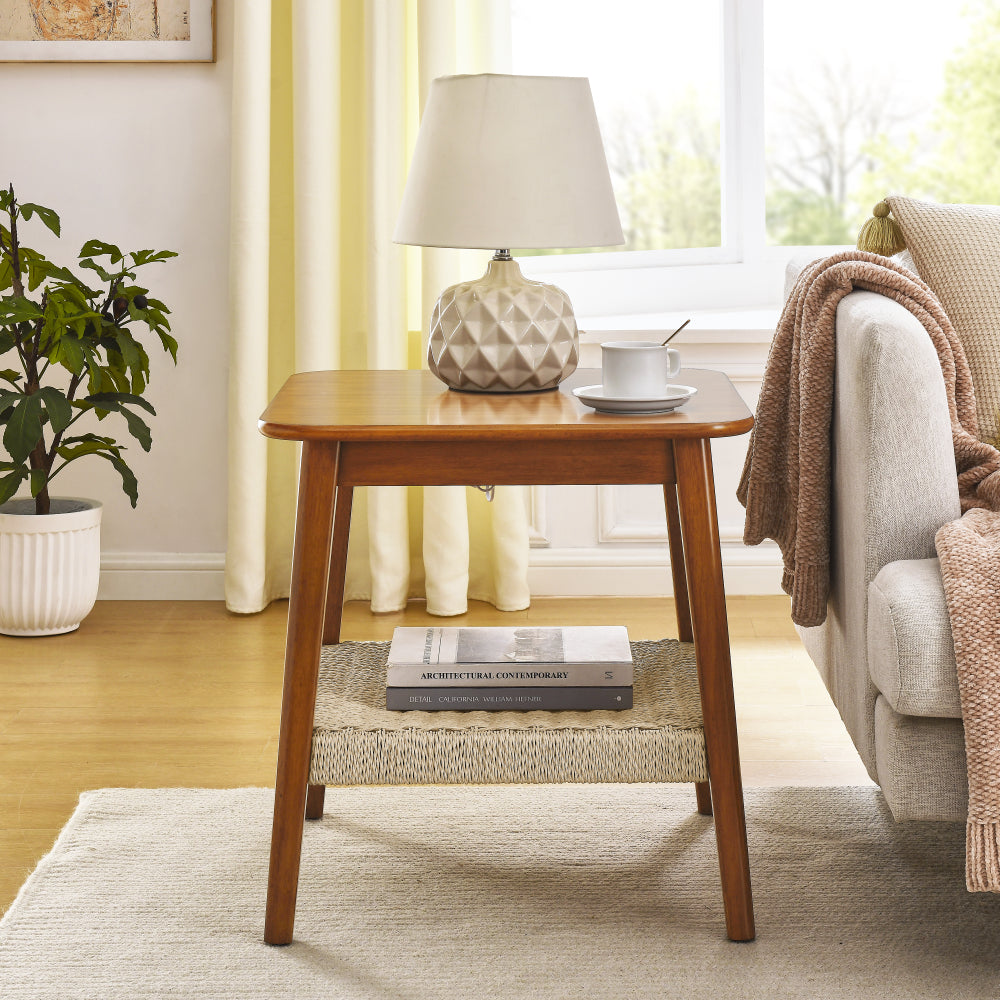 23" Mid-Century Side Table with Woven Shelf, Boho Side Table with Storage, Bedside Tables, Small Side Table for Living Room Couch Patio Home Office