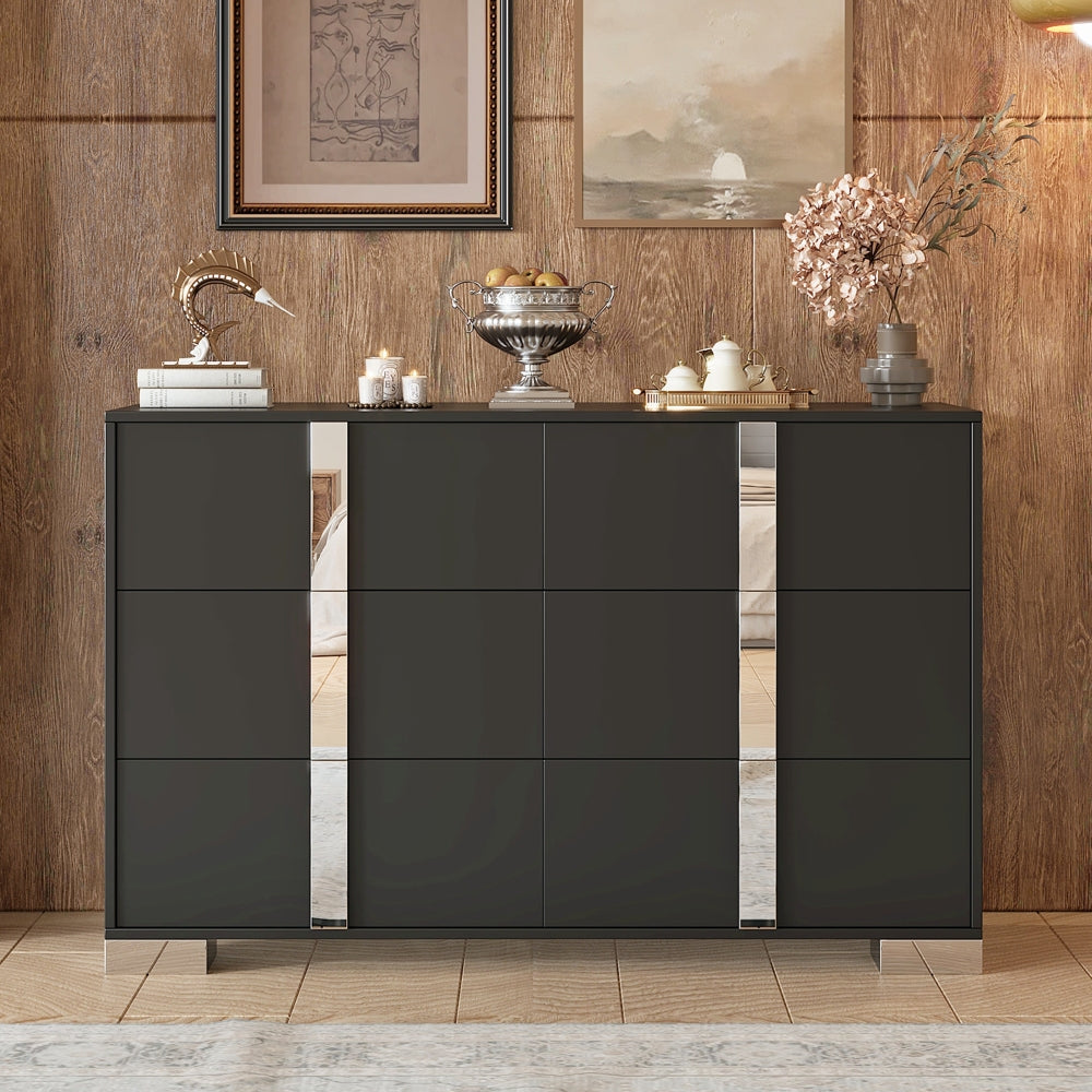 Elegant Nightstand with Metal Handle,Mirrored Bedside Table with 2 Drawers for Bedroom,Living Room,Grey