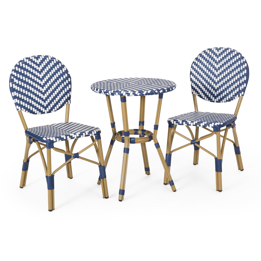 Outdoor Aluminum 3 Piece French Bistro Set, Navy Blue, White, with Bamboo Finish