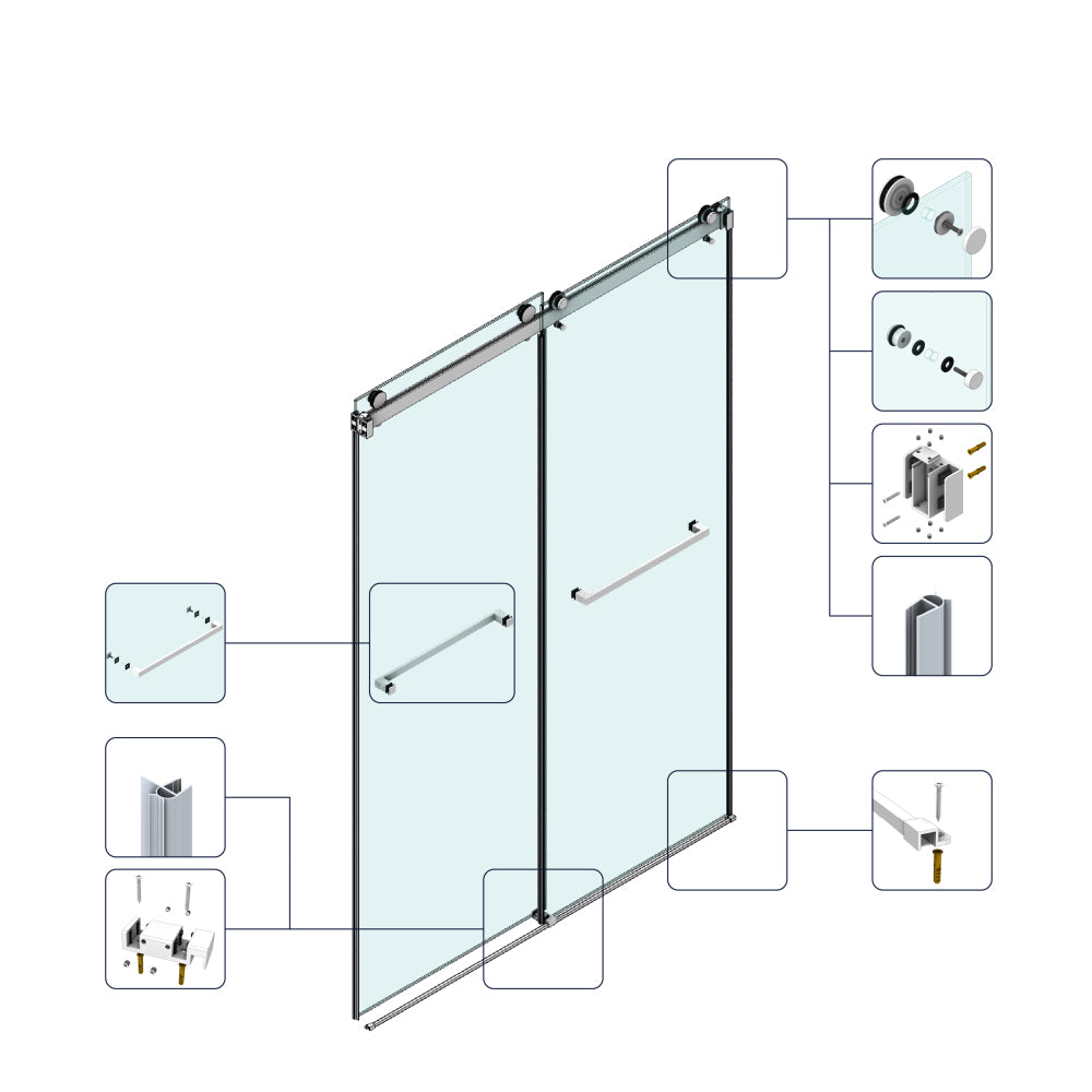 60*72" Frameless Double Sliding Shower Door, Double Shower Door, 3/8″ (10mm) SGCC Tempered Glass, Stainless Steel