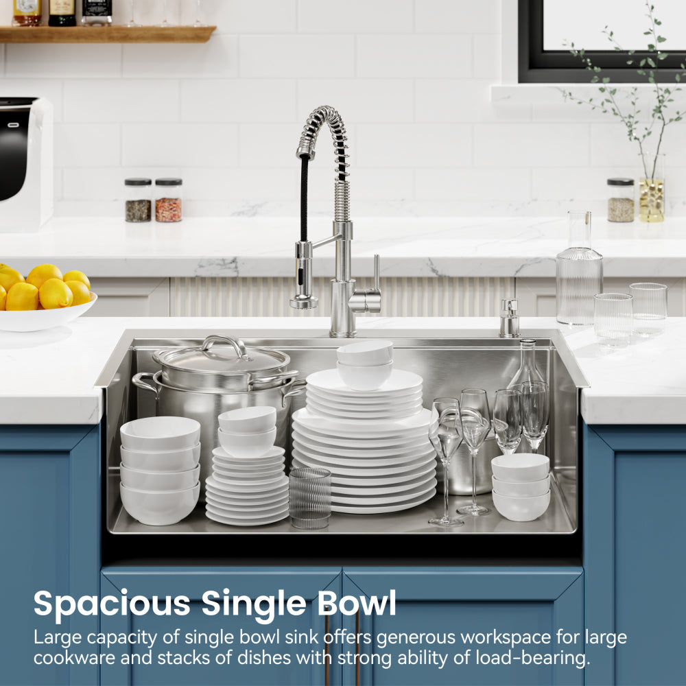 Stainless Steel Kitchen Sink, 33″x22″ Single Bowl, Overmount Handmade Sink in Brushed, with Cutting Board, Colander, SS-BR01D-332208