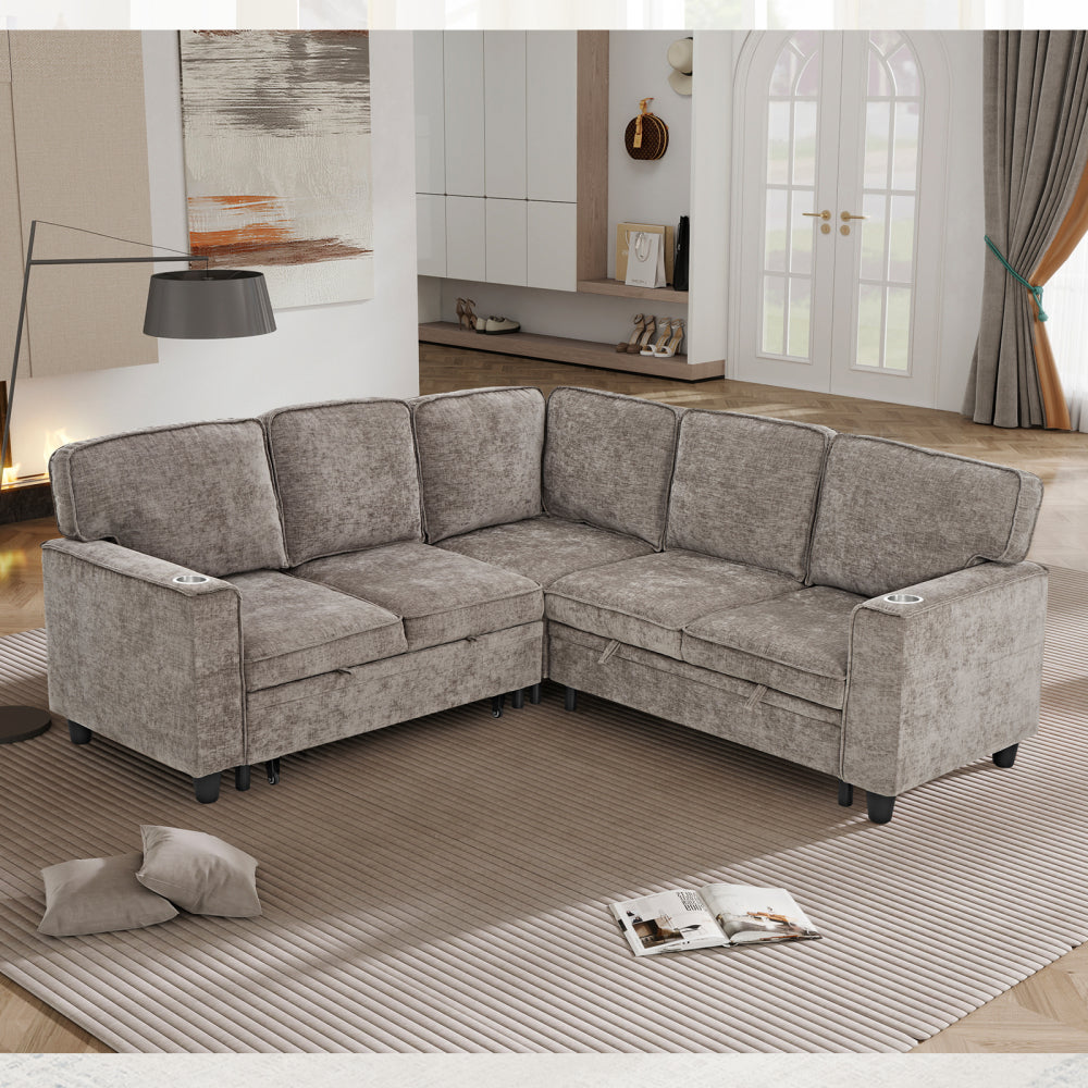 L-Shaped Sofa with Pull Out Sofa Bed, Sleeper Sofa Couch Bed with Storage Seat, 5 Seat Sectional Sofa Bed with USB, Sectional Sofa Couch for Living Room, Apartment, Light Brown