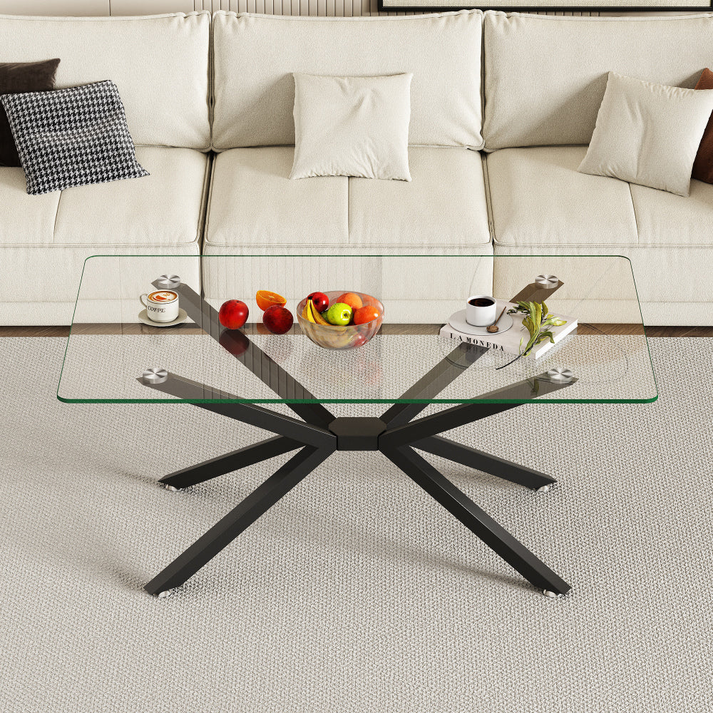 39.37" Rectangular Clear Tempered Glass Coffee Table,Stylish Design with Black Metal Legs, Coffee Table for Living Room