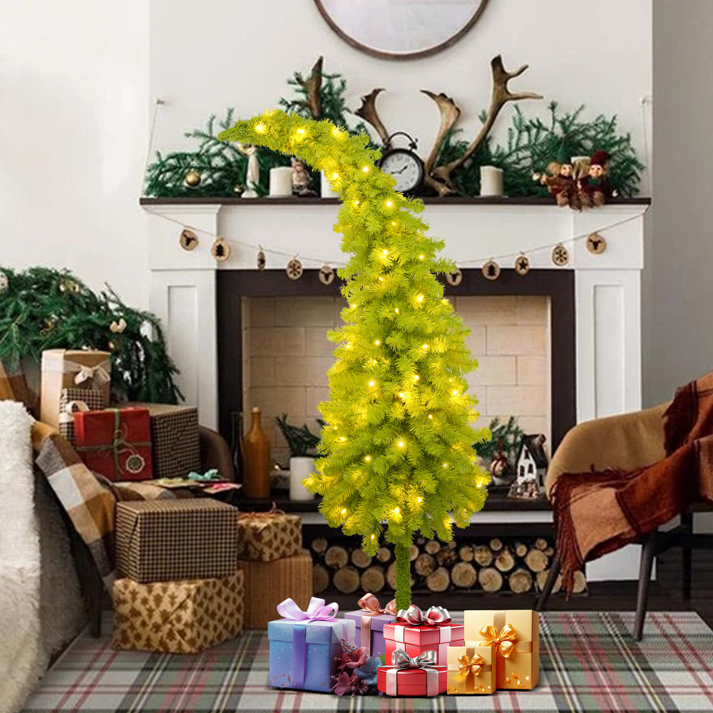 5FT Hinged Fir Artificial Fir Bent Top Christmas Tree, Xmas Tree Bendable Santa Hat Style Christmas Tree Holiday Decoration,400 Lush Branch Tips, 100 LED Lights X-mas