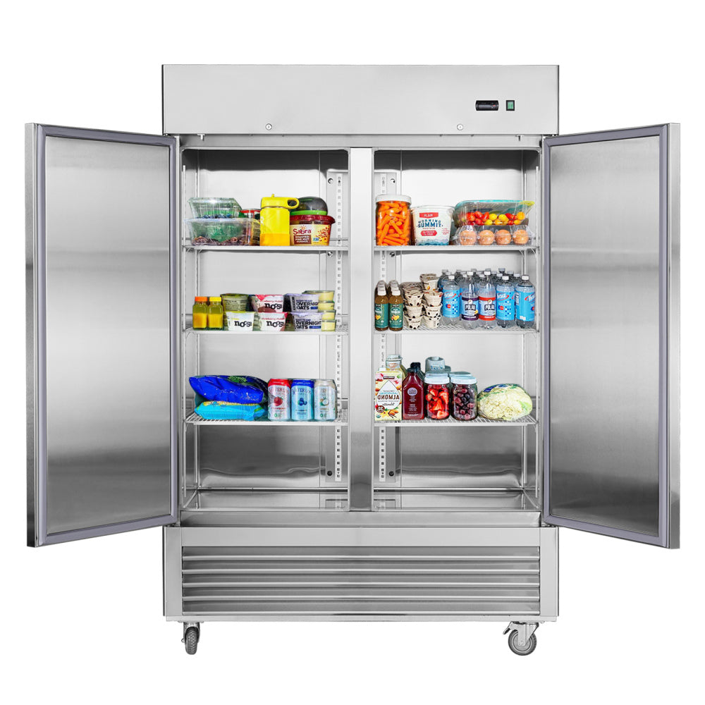 54"W Commercial Refrigerator 2 Section 2 Solid Door Stainless Steel Interior and Exterior Reach-in Refrigerator 42.2 Cu.ft. Upright Fan Cooling Refrigerator for Restaurants and Commercial Environments