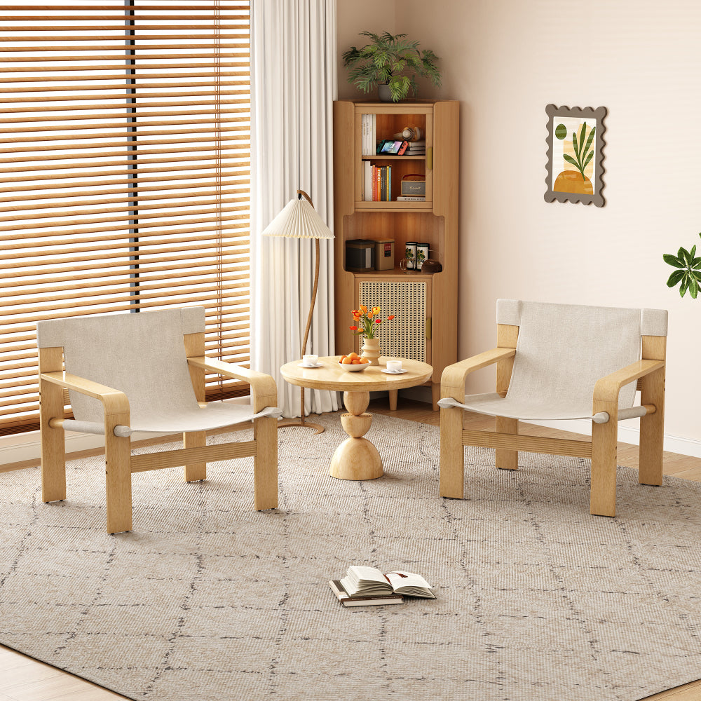 Detachable and washable Oak Accent Chair Wide Armrest Mid-Century Lounge Chair Linen Fabric Armchair & Solid Wood Frame for Living Room, Bedroom, Balcony, (White)