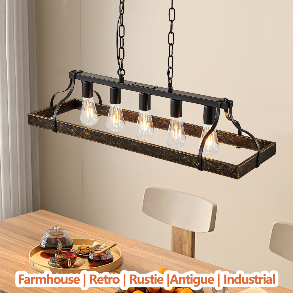 34-Inch Black Gold Vintage Pendant Light, 5 E26 Bulb Sockets, Adjustable Chain Height – Antique Style Chandelier for Dining Room, Kitchen, or Living Room (Bulb Not Included)