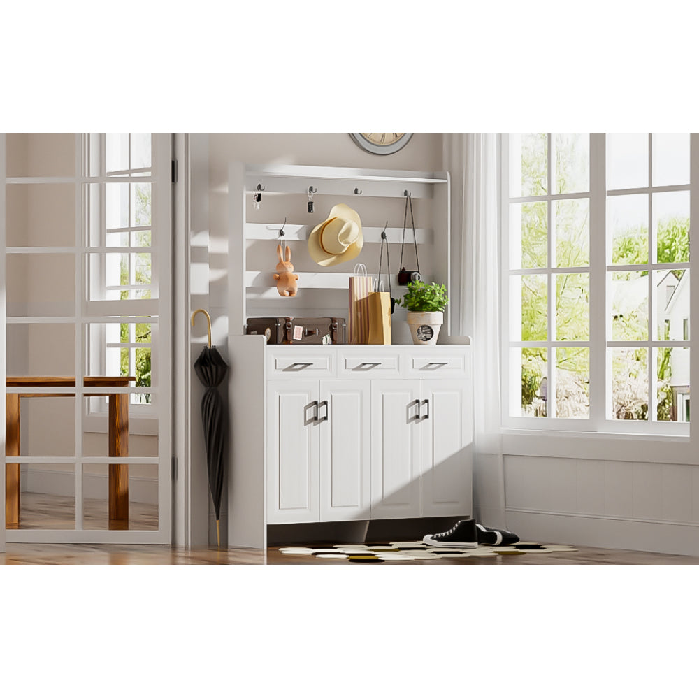 U-Can 51.2''Minimalist Four-Door Shoe Cabinet with Coat Rack, Spacious Top,3 Drawers, 8 Shelves, Metal hooks and handles for Hallway, Entryway, Living Room