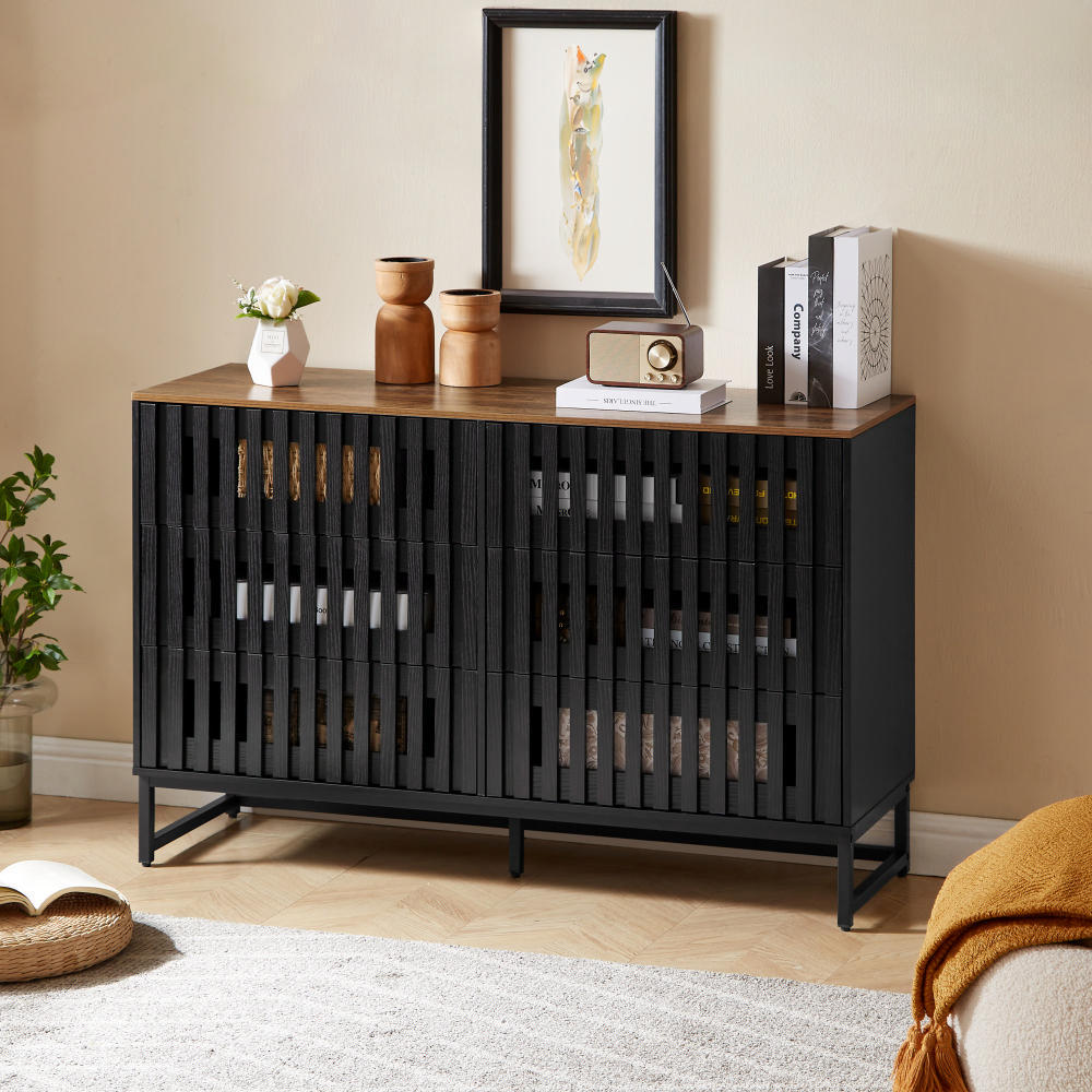 3 Drawer and 4 Shelves Dresser with Slatted Grille Striped Drawer and doors, Modern Style Dresser, High-Quality MDF and Metal Leg