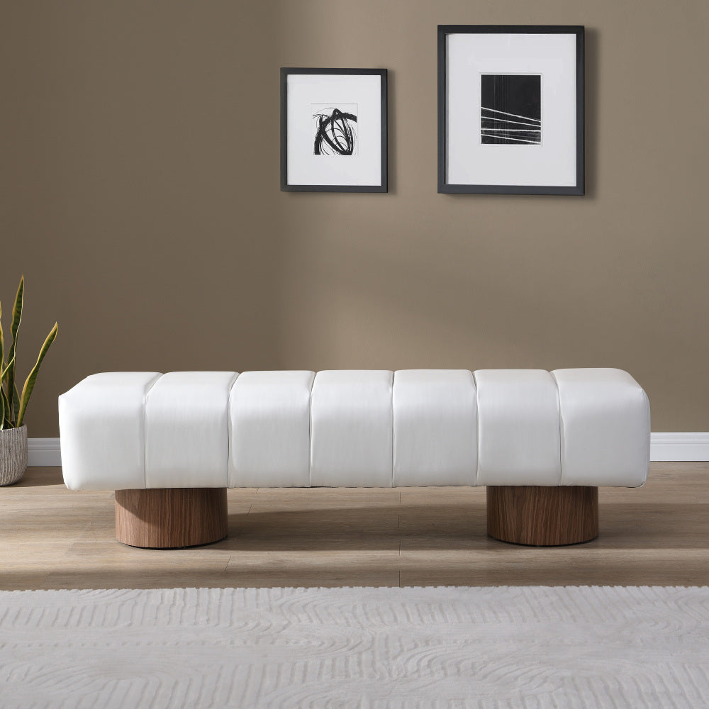Upholstered Dining Bench for Dining Room, No-Assembly End of Bed Entryway Bench Ottoman for Bedroom Living Room, Beige PU Stool Top Wood Leg 300 LBS Weight Capacity