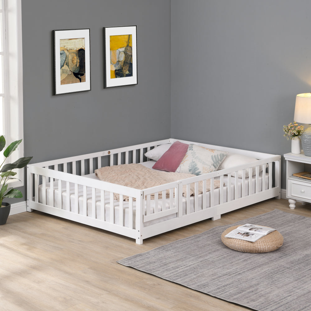 Full Size Floor Bed with Door,Solid Wood Platform Bed Frame with Fence,Suitable for children,Pine Wood,Gray