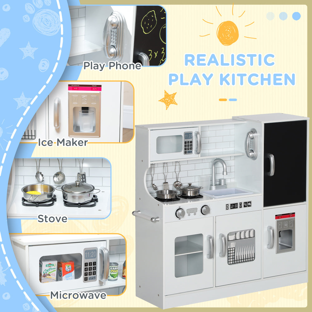 Qaba Play Kitchen, Kids Kitchen Playset Pretend Play Toy Kitchen with Play Phone, Chalkboard, Towel Rack, Ice Maker, 5 Accessories, Storage Space, Microwave & Sink, Gift for 3-8 Years, White