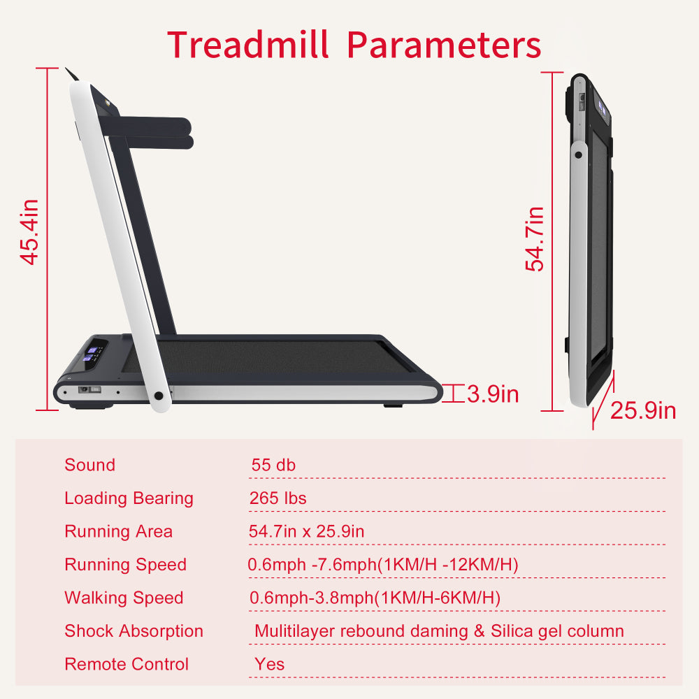 2 in 1 Under Desk Treadmill, 2.5HP Folding Electric Treadmill Walking Jogging Machine for Home Office with Remote Control, White