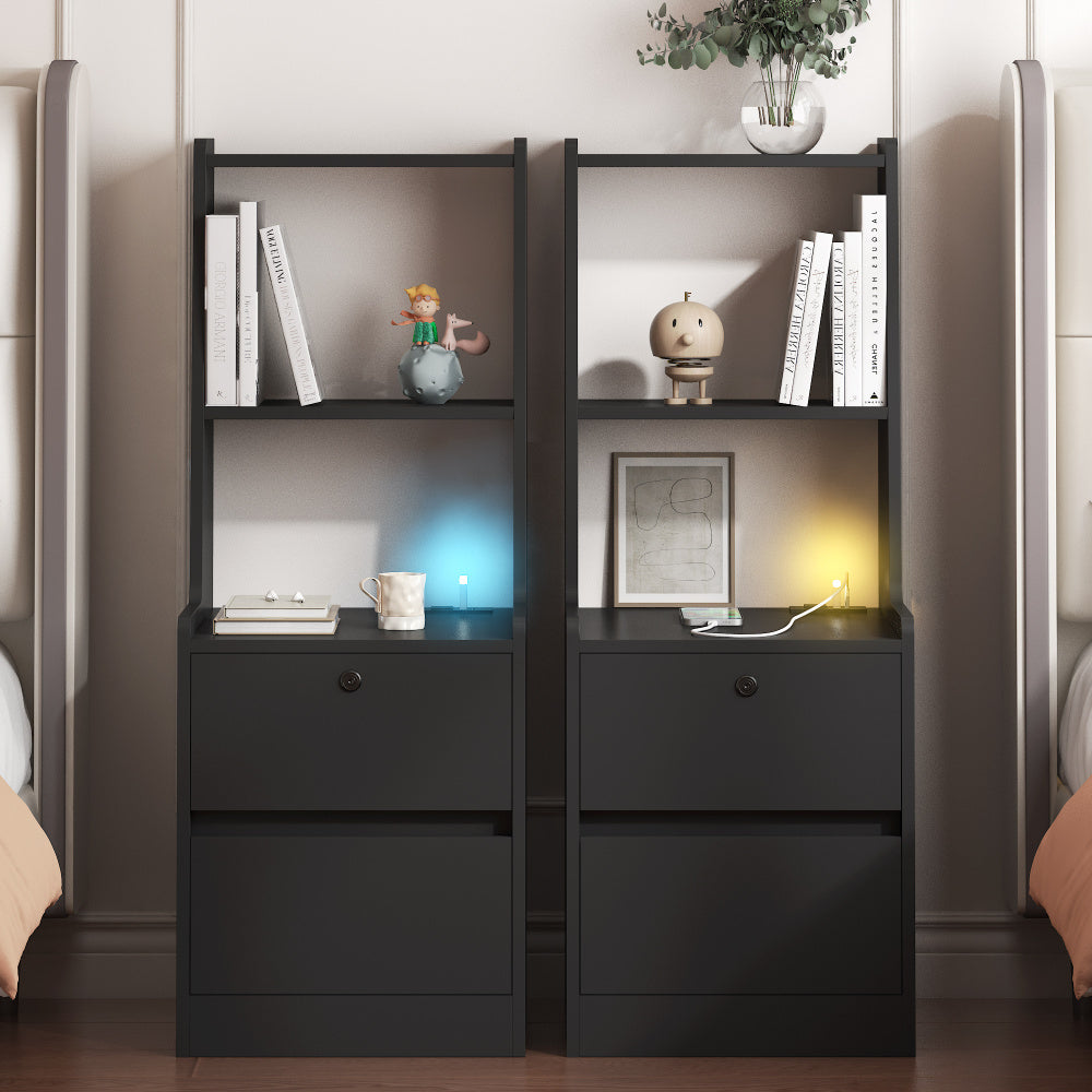Nightstand with Charging Station, Smart Nightstand with Night Light, Modern Night Stand with Bookshelf, Bedside Tables with Storage Cabinet for Bedroom, Black