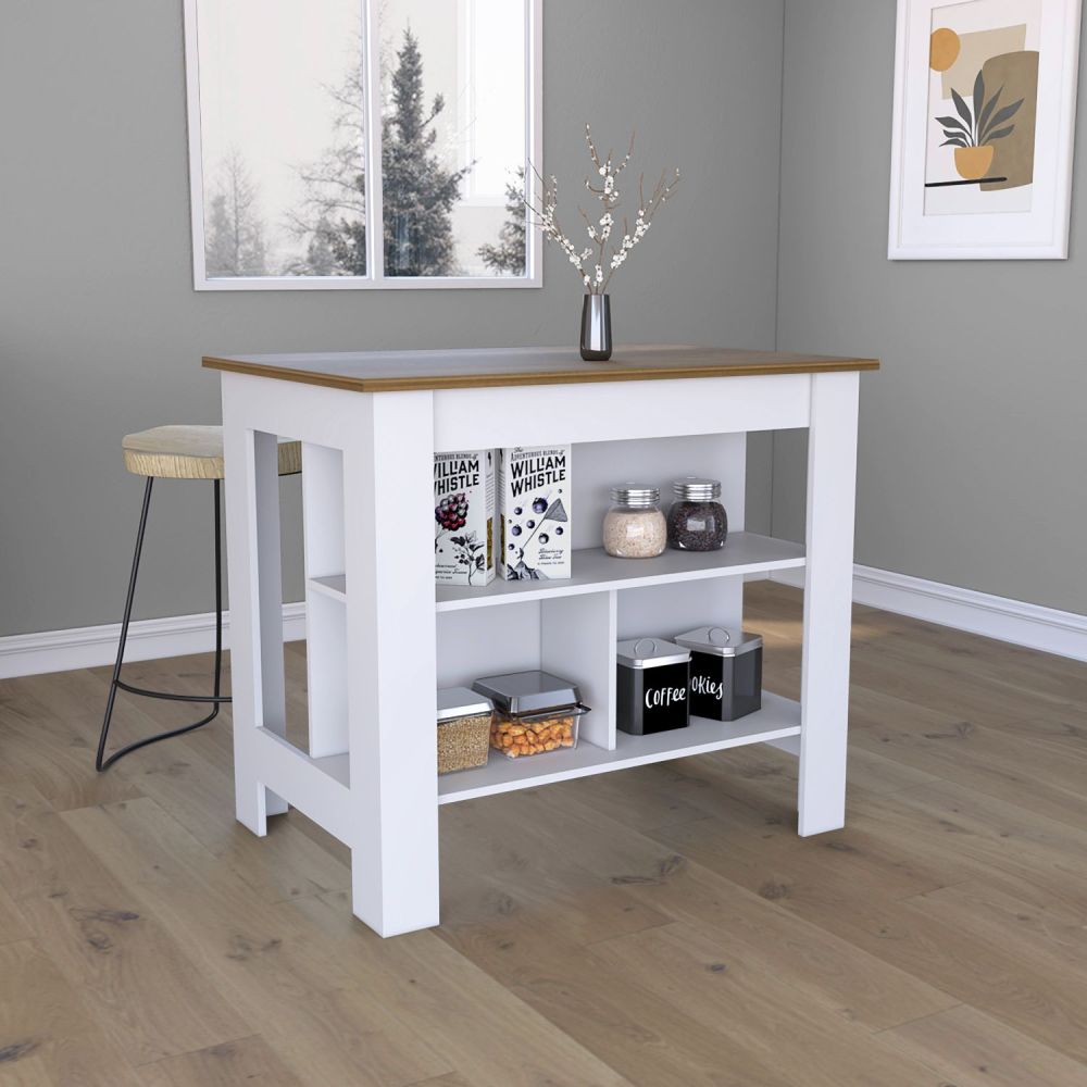 Kitchen Island, kitchen table 35" H, Four Legs, Three Open Storage Shelves, Black / Light Oak