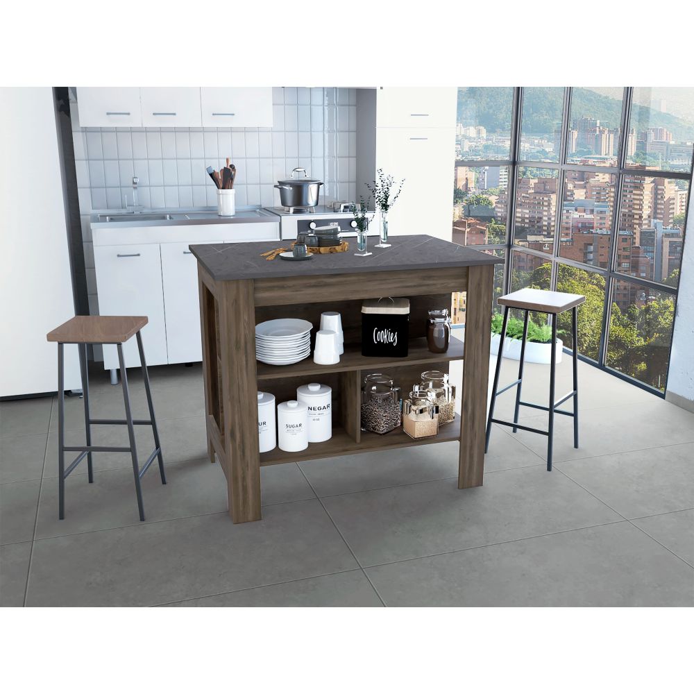 Kitchen Island, kitchen table 35" H, Four Legs, Three Open Storage Shelves, Black / Light Oak