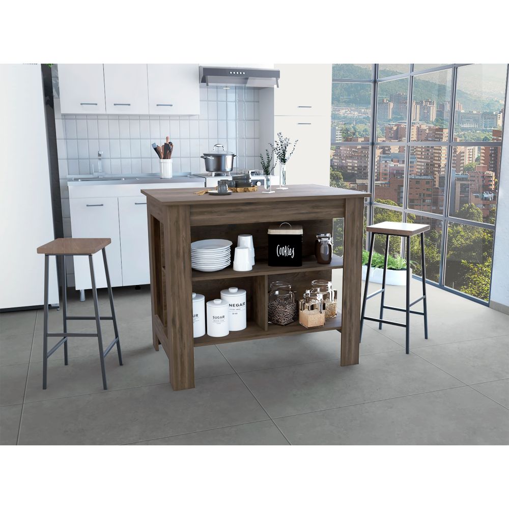 Kitchen Island, kitchen table 35" H, Four Legs, Three Open Storage Shelves, Black / Light Oak