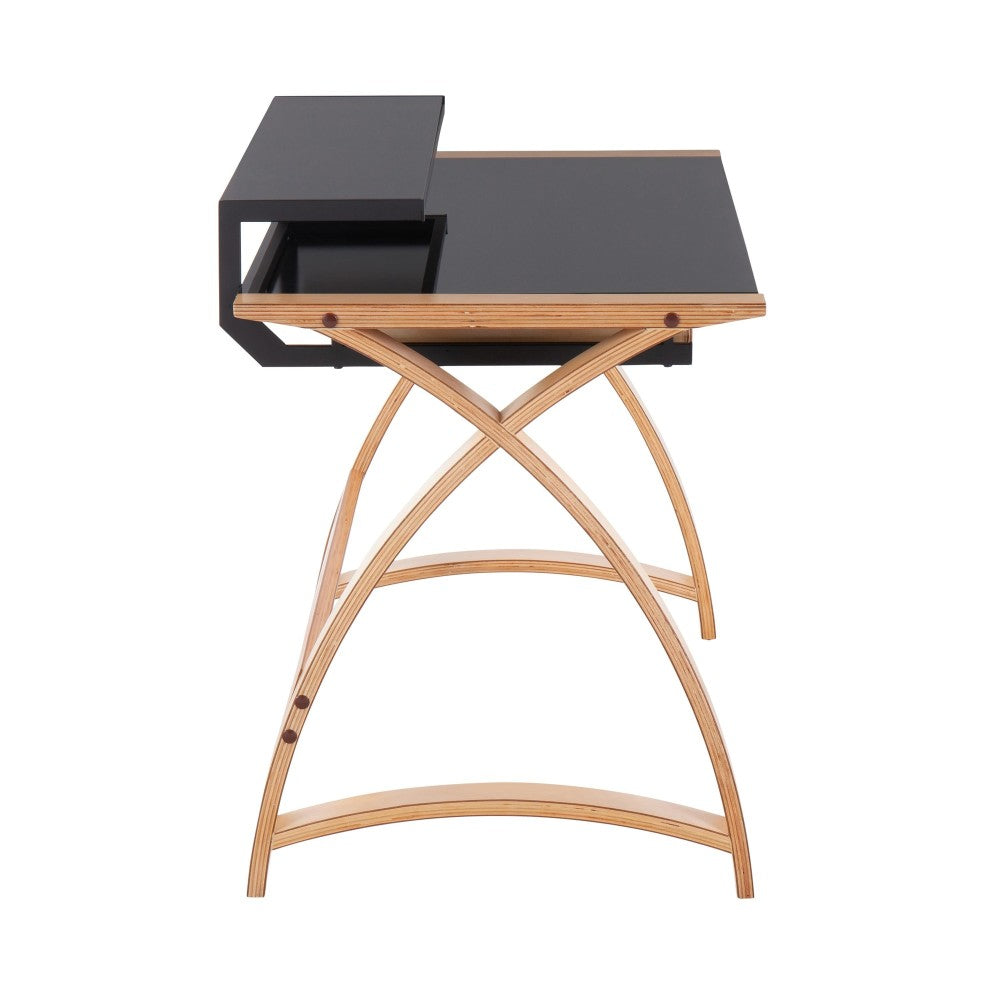 Bentley Mid-Century Modern Office Desk in Natural Wood and Black Glass by LumiSource