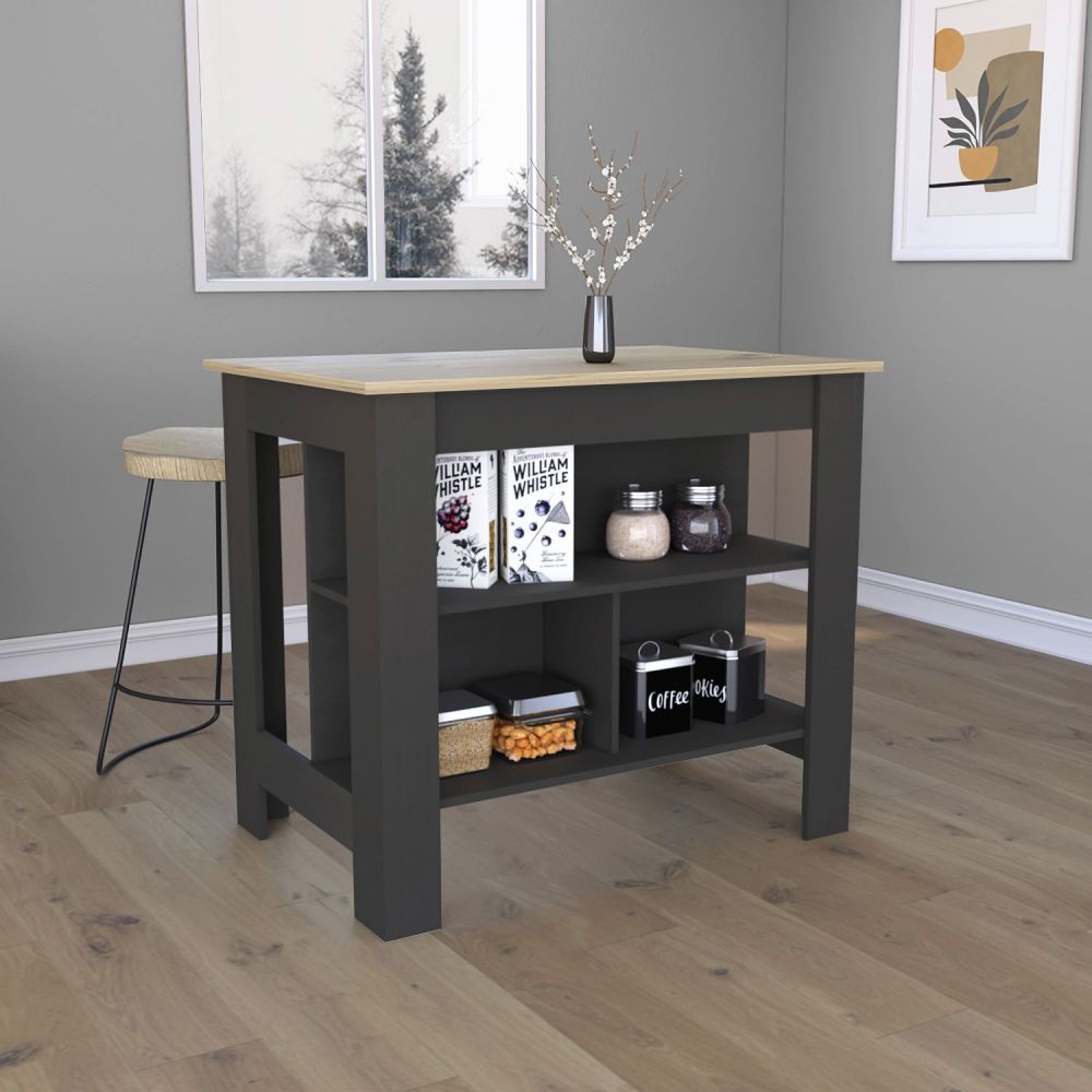 Kitchen Island, kitchen table 35" H, Four Legs, Three Open Storage Shelves, Black / Light Oak