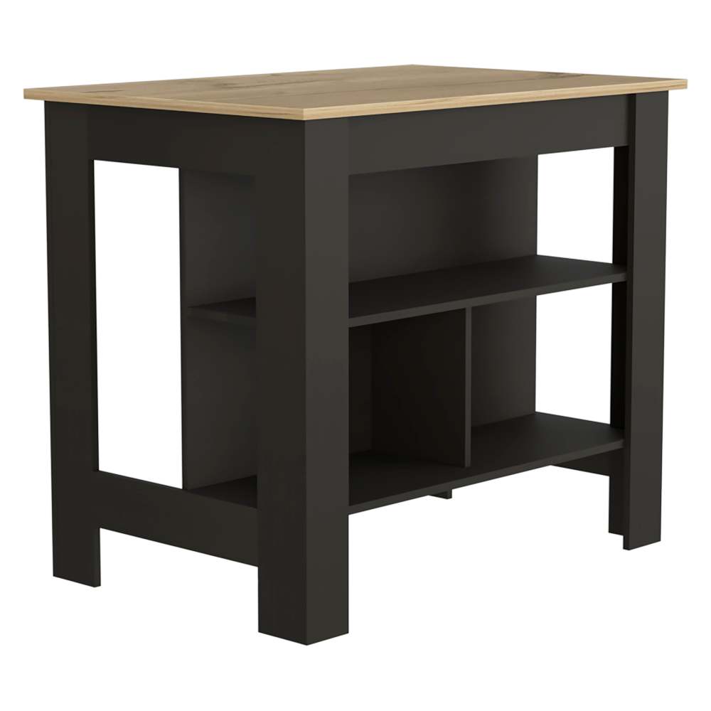 Kitchen Island, kitchen table 35" H, Four Legs, Three Open Storage Shelves, Black / Light Oak