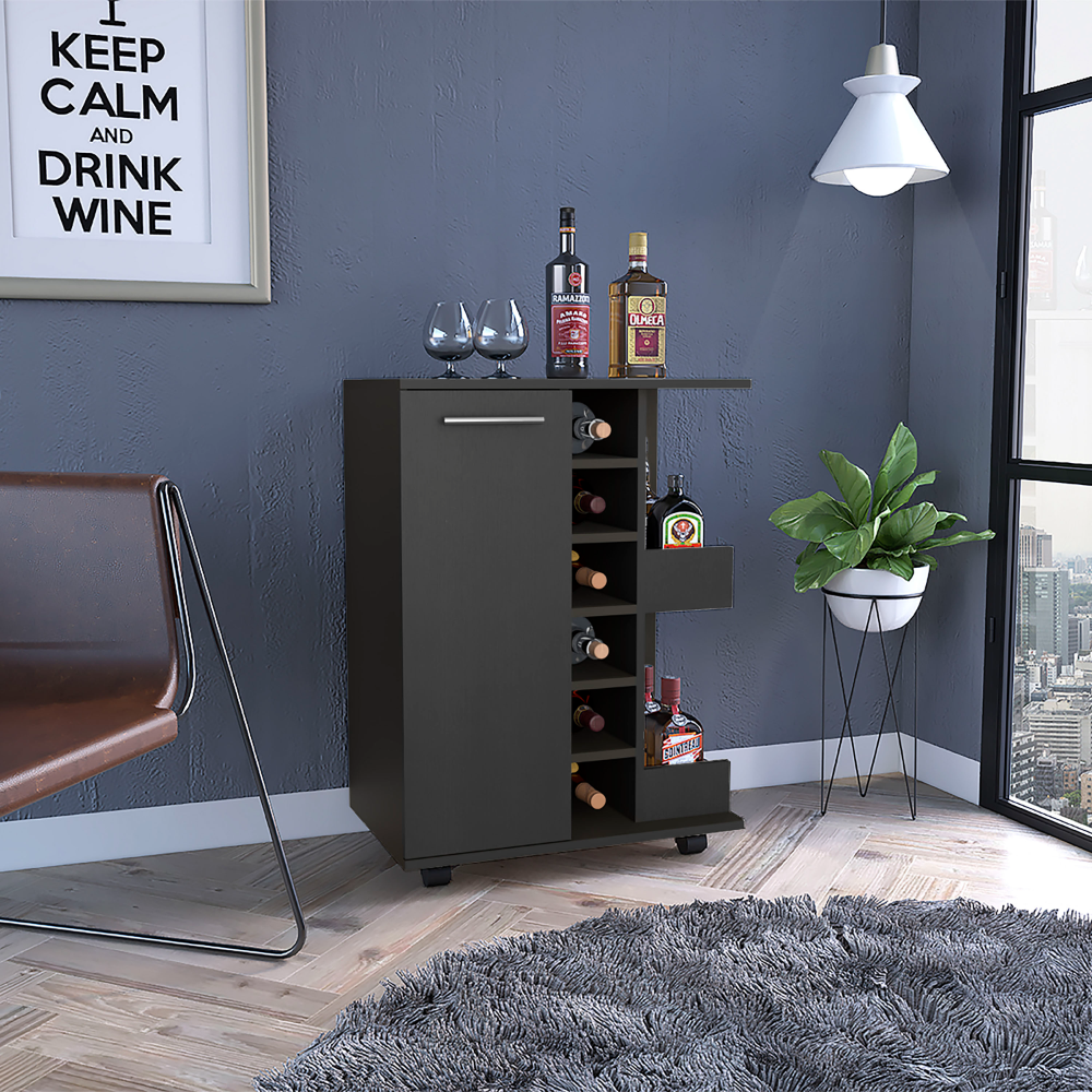 Bar Cart, Four Casters, Single Door Cabinet, Two External Shelves, Dark Walnut