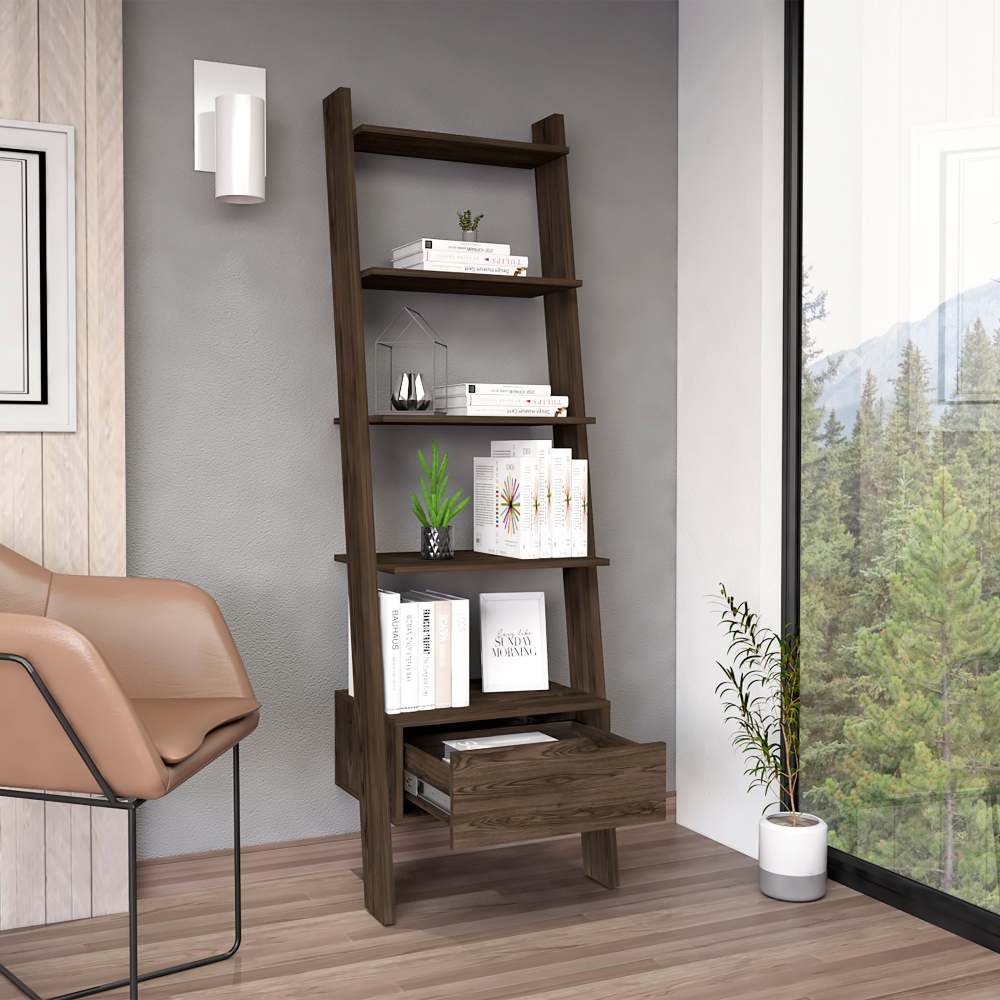 Ladder Bookcase, One Drawer, Five Open Shelves, Dark Walnut