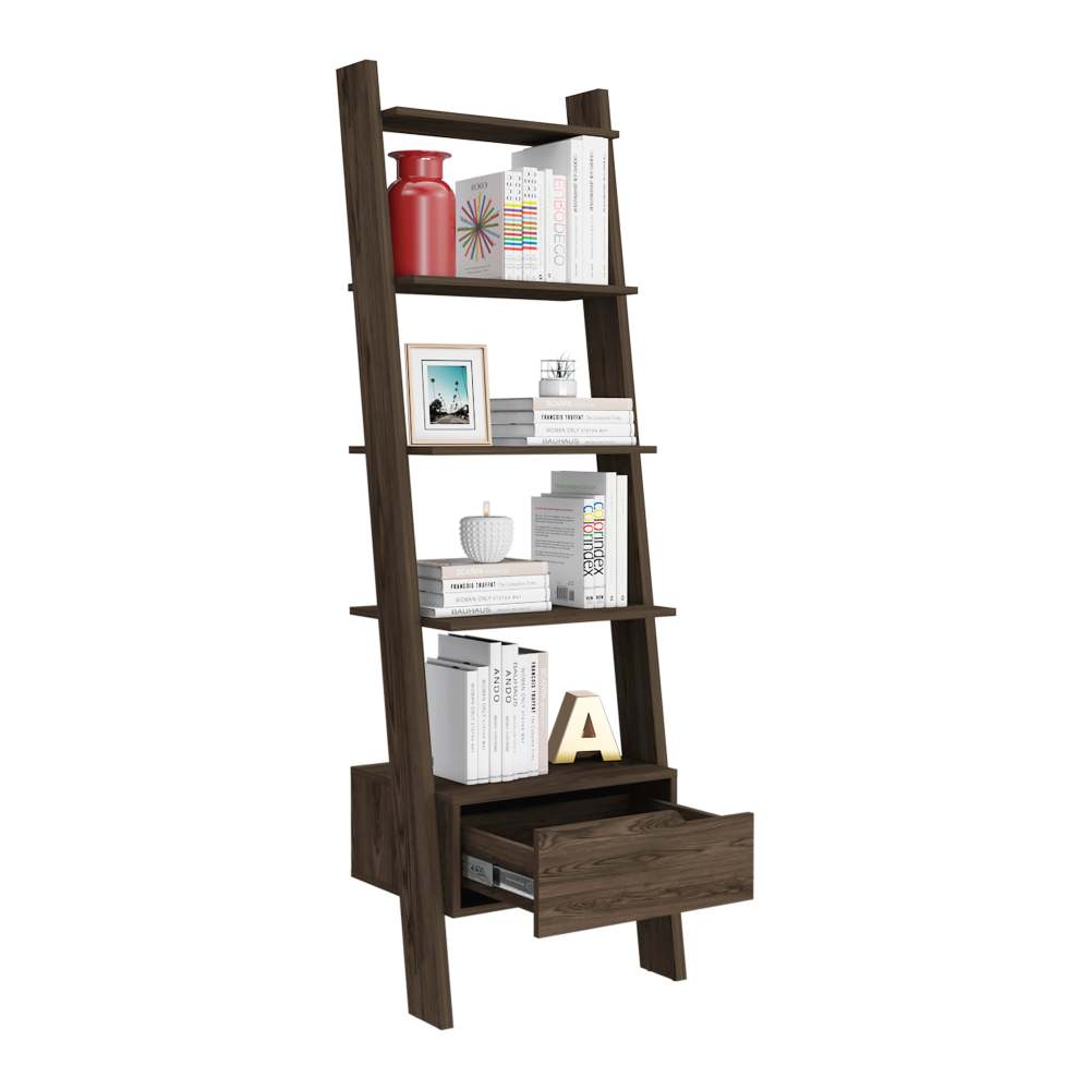 Ladder Bookcase, One Drawer, Five Open Shelves, Dark Walnut