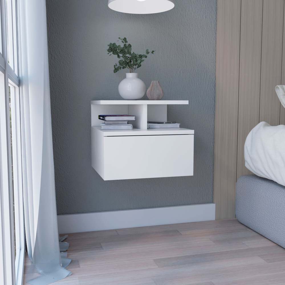 Floating Nightstand 12"H, Wall Mounted with Single Drawer and 2-Tier Shelf, Black
