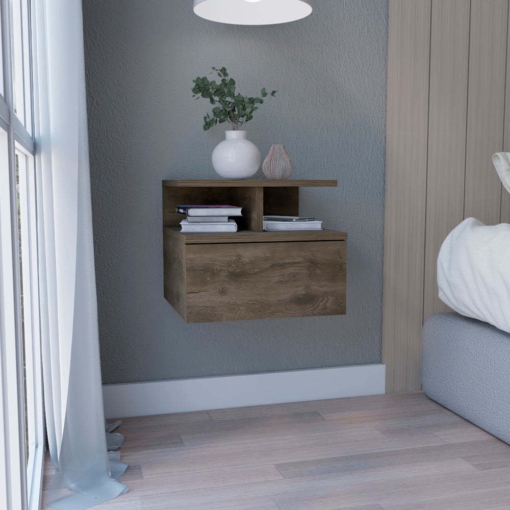 Floating Nightstand 12"H, Wall Mounted with Single Drawer and 2-Tier Shelf, Black