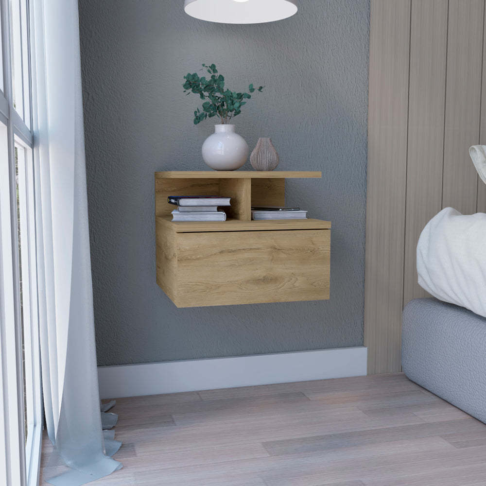 Floating Nightstand 12"H, Wall Mounted with Single Drawer and 2-Tier Shelf, Black