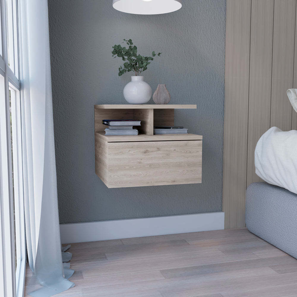 Floating Nightstand 12"H, Wall Mounted with Single Drawer and 2-Tier Shelf, Black