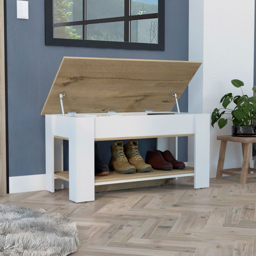 Storage Table, Four Legs, Lower Shelf, Light Oak / White