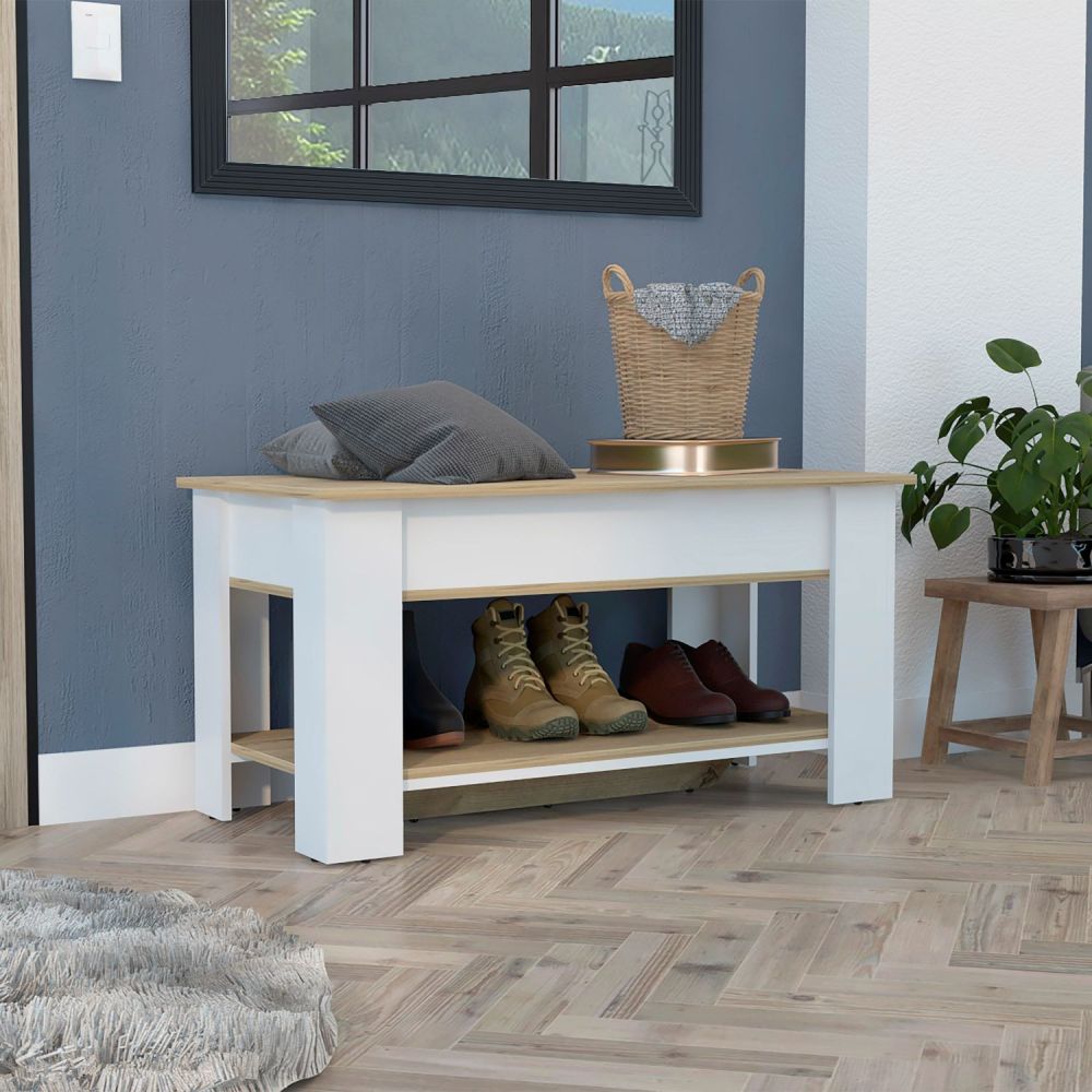 Storage Table, Four Legs, Lower Shelf, Light Oak / White