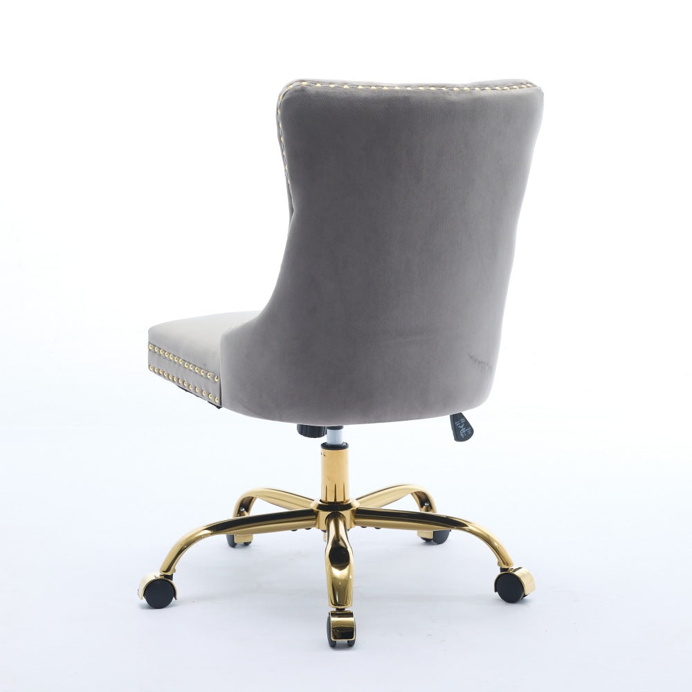 A&A Furniture Office Chair,Modern Velvet Upholstered Tufted Button Home Office Chair with Golden Metal Base,Adjustable Desk Chair Swivel Office Chair (Gray)