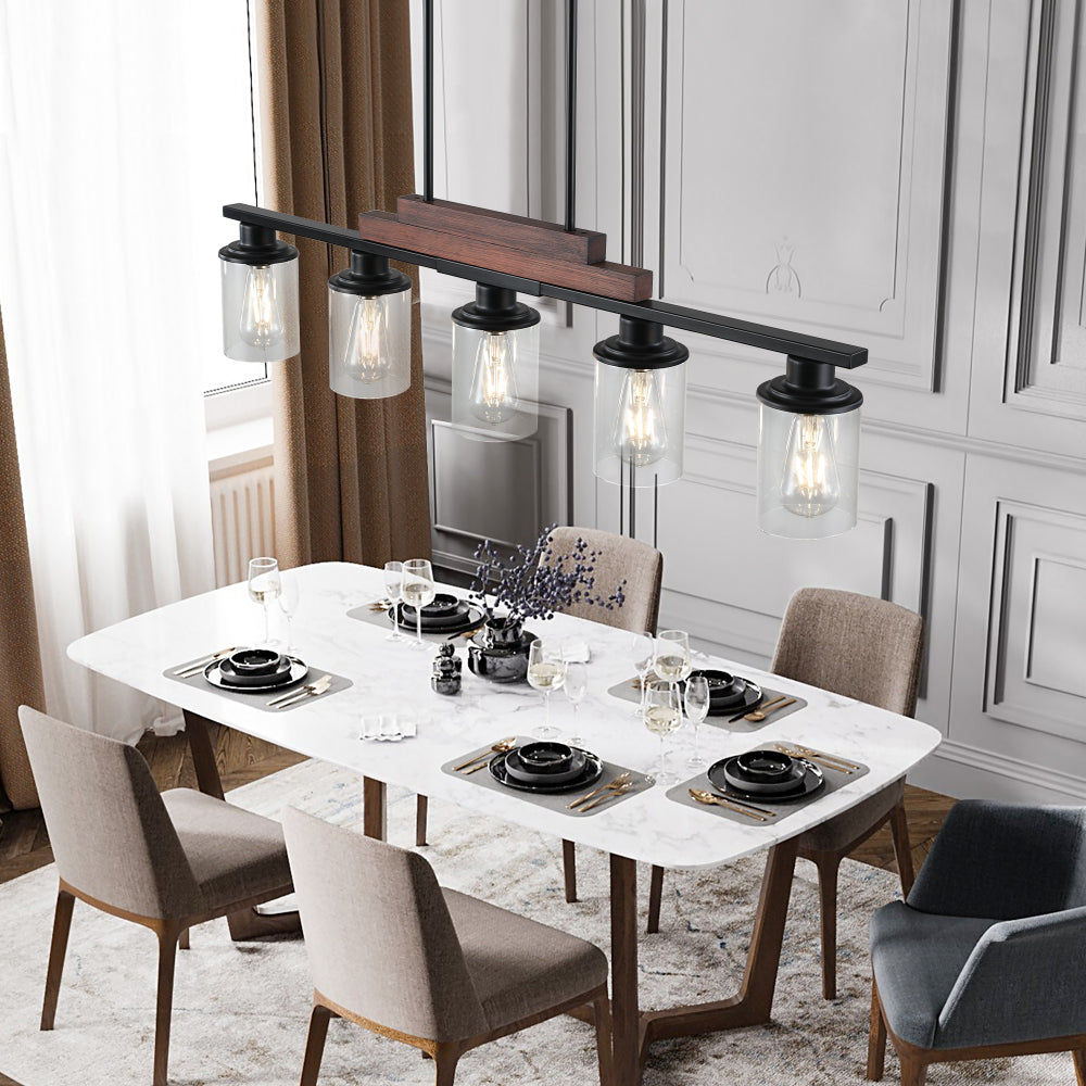 37" Farmhouse Industrial 5-Light Kitchen Island Pendant Light, Metal Wood Chandelier with Clear Glass Shades, Adjustable Height Hanging Fixture for Dining Room, Living Room, Kitchen (No Bulbs)