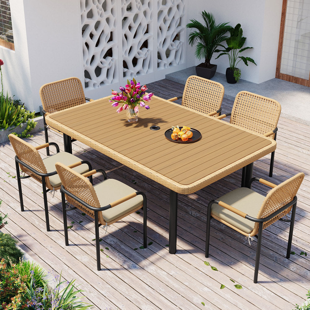 59" Outdoor Patio Dining Table, Polywood Tabletop with Umbrella Hole, Iron Legs, Rectangular Dining Table for Garden, Backyard, Porch