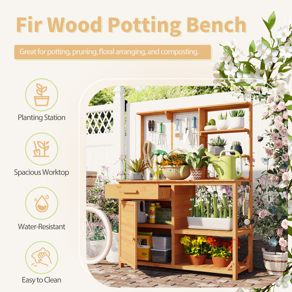 [Assembly Video] TOPMAX Fir Wood Potting Bench with Hutch, Garden Workstation for Planting, 4 Shelves & Adjustable Storage, Pegboard with Hooks, 50.2''Countertop, Drawer & Cabinet, Natural
