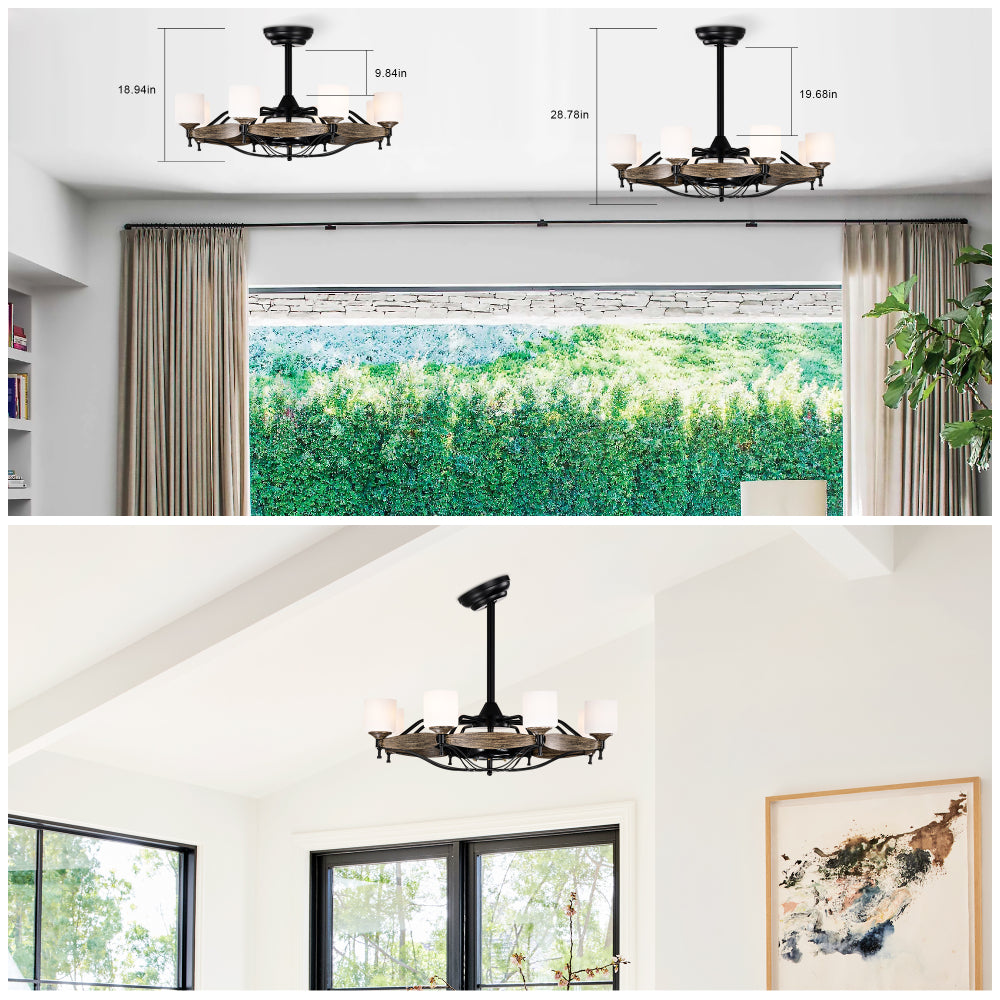 Dia 33 inch Chandelier Ceiling Fan for Bedroom Dining Room Living Room Kitchen Farmhouse Entry,Matte Black+  Wood Grain