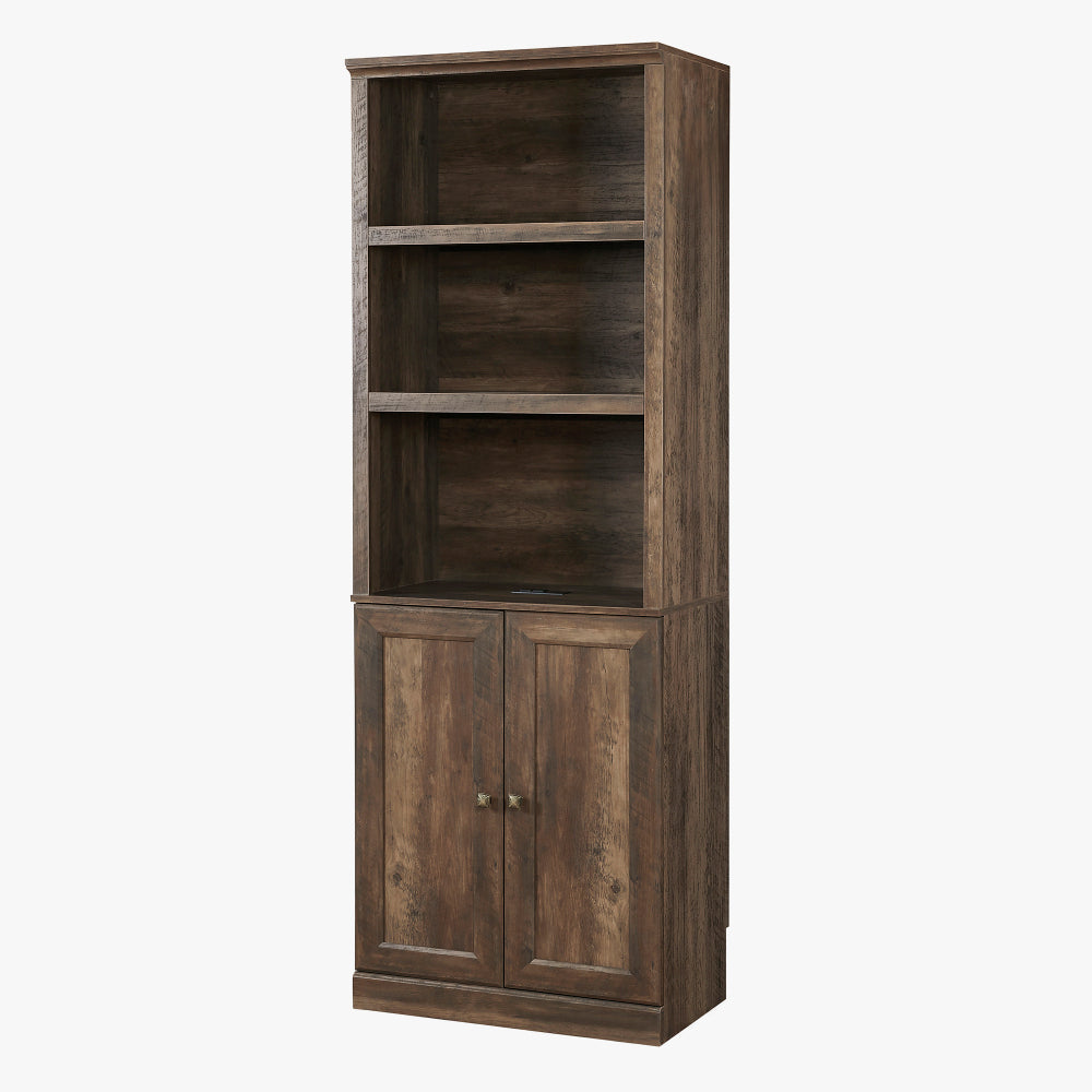 1 Doors Bookshelf with USB Port and 3 Open Shelves Bookcase Side Cabinet Storage Shelves, Rustic Brown