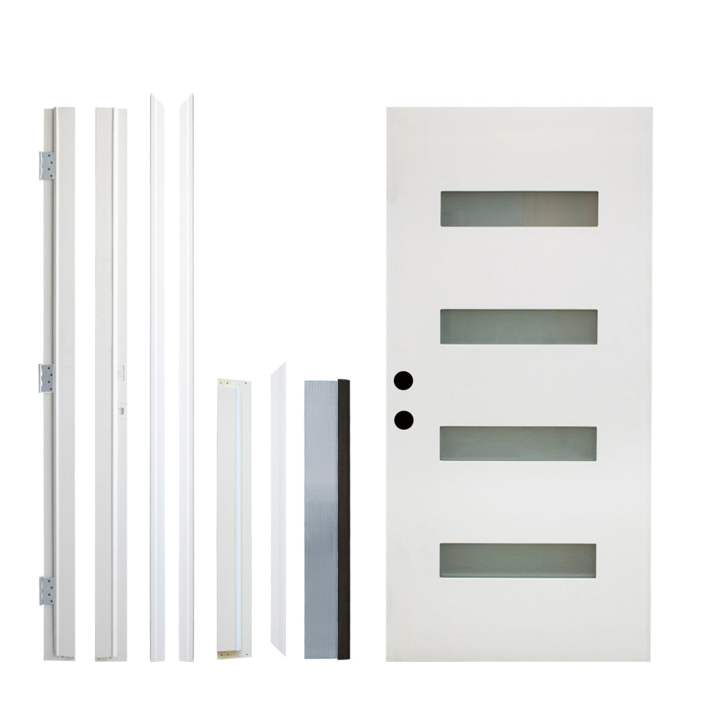 36 x 80 Fiberglass Entry Door, 4-Lite Frosted Glass - Contemporary Style for Home's Front Entrance, Right Hand Inswing, New Packaging Vinyl Frame, White Finish Knock-Down Entry Door