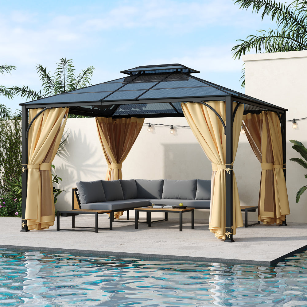TREXM 10'x12' Hardtop Outdoor Gazebo, Heavy Duty Double Roof Patio Gazebo with Aluminum Frame, Double-Layer Side Walls Mosquito Netting & Privacy Curtains for Patio, Garden, Backyard (Beige)