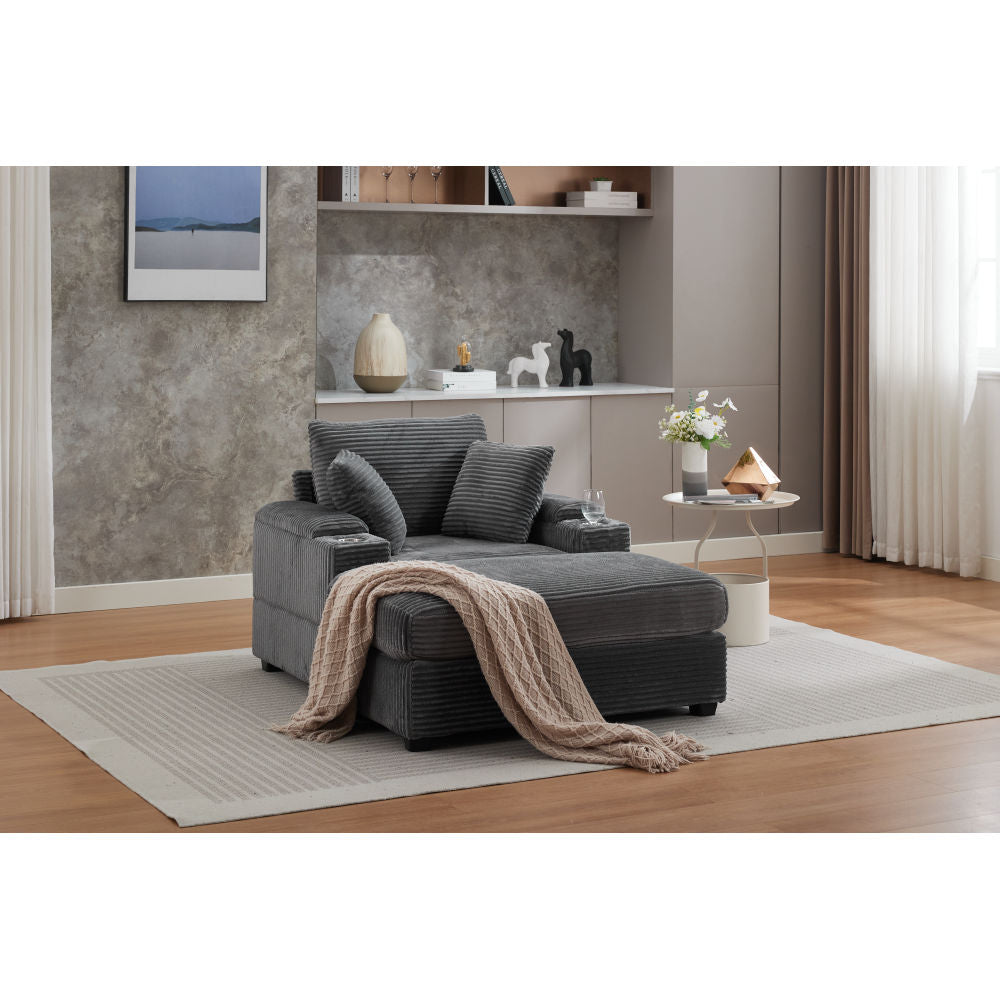 [VIDEO/New]Corduroy Upholstered Chaise Lounge Sofa with Handrail storage ,Movable ottoman,Cupholders,Detachable Cushions Deep Seat for Living Room Office,3 colour