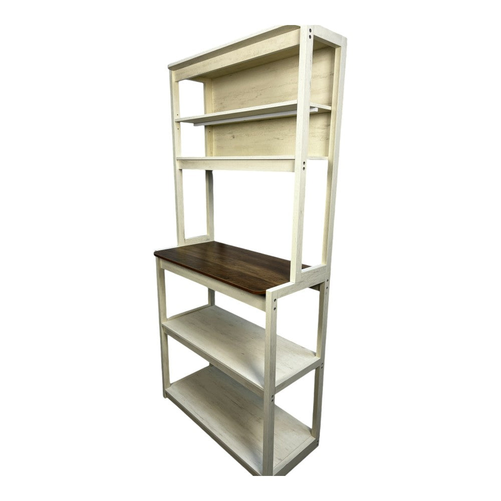 31.50" White and Rustic Brown color 5-Tier Bakers Rack for Kitchen with Storage, Coffee Bar, Kitchen Shelves,  Microwave Stand
