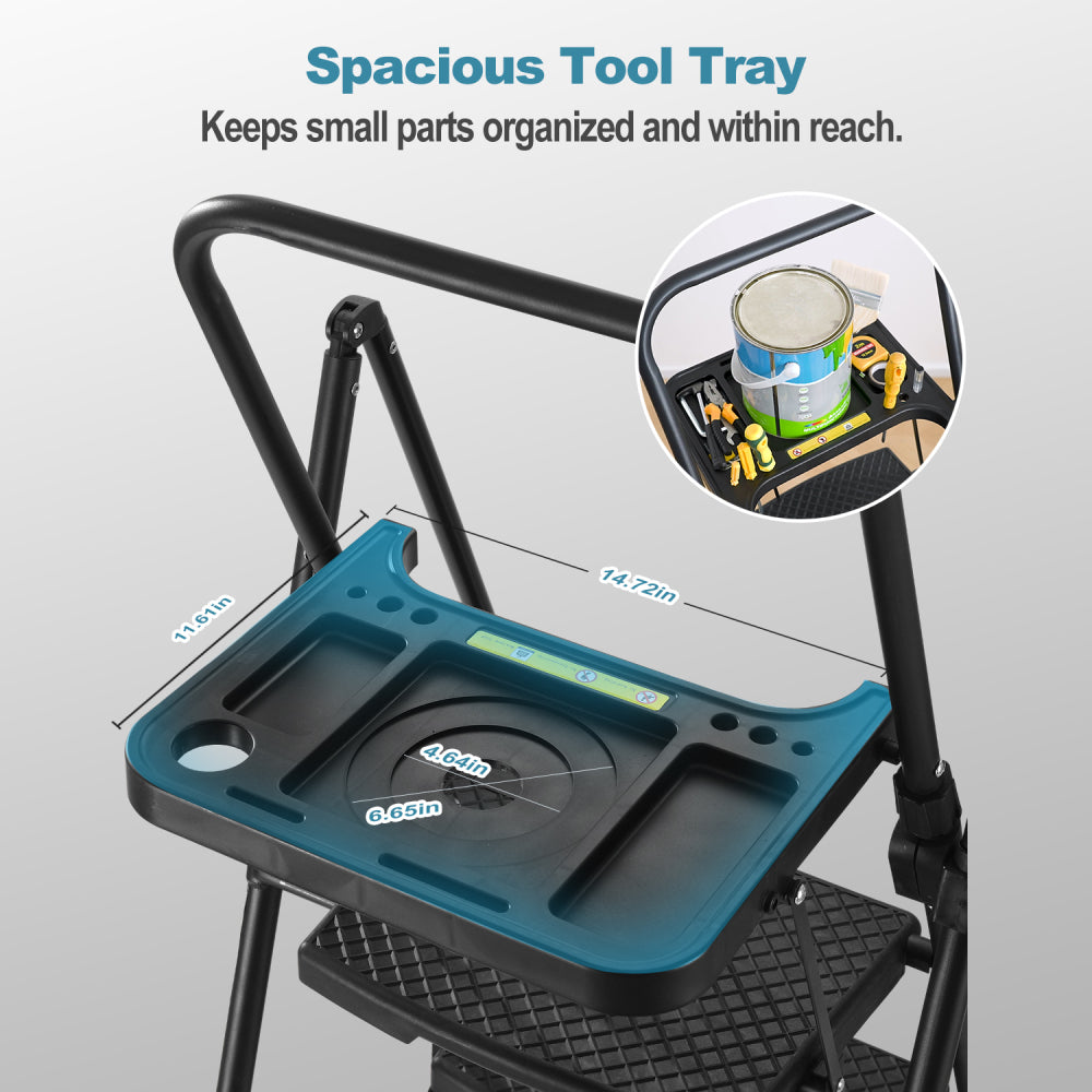 Folding step stool with bandwidth anti slip pedals and tool trays, lightweight and portable steel step stool, perfect for kitchen and home, indoor and outdoor use, sturdy steel steps (6 levels)