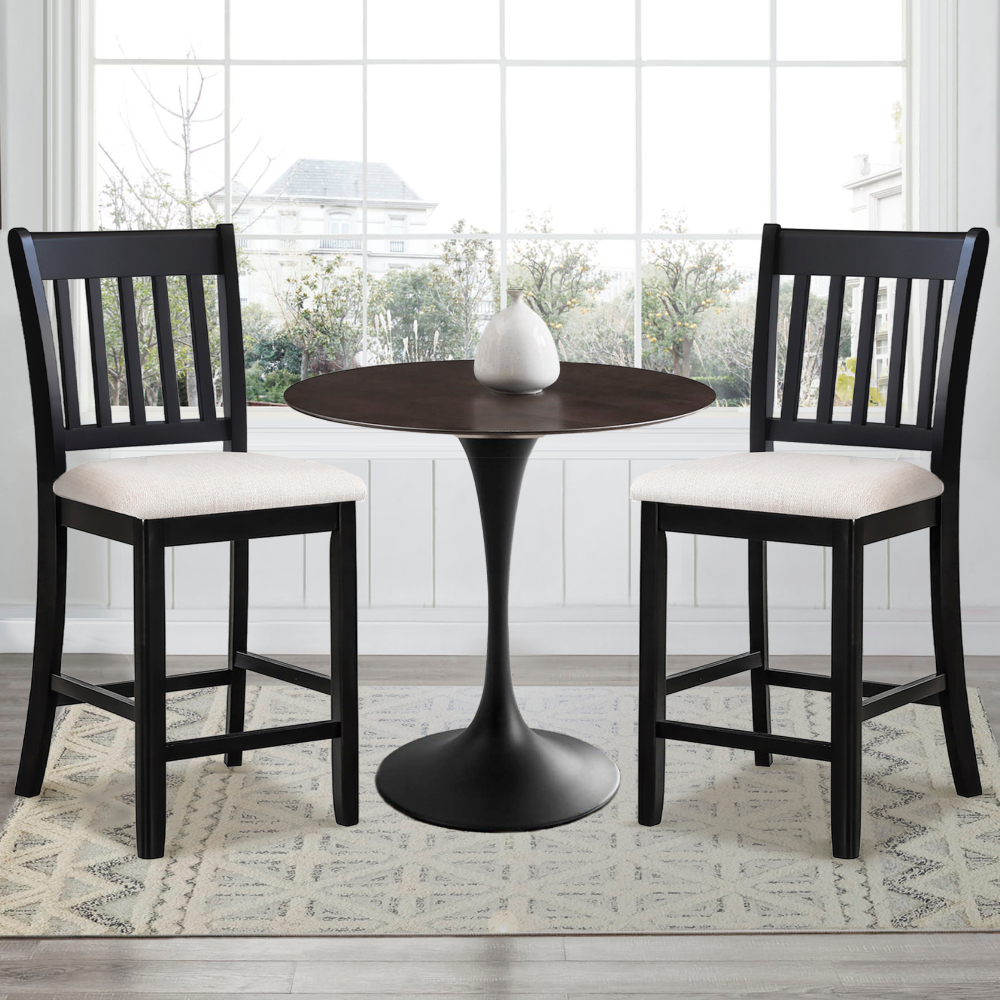 Casual Seating Black Finish Chairs Set of 2 Rubberwood Transitional Slatted Back Design Dining Room Furniture Counter Chairs
