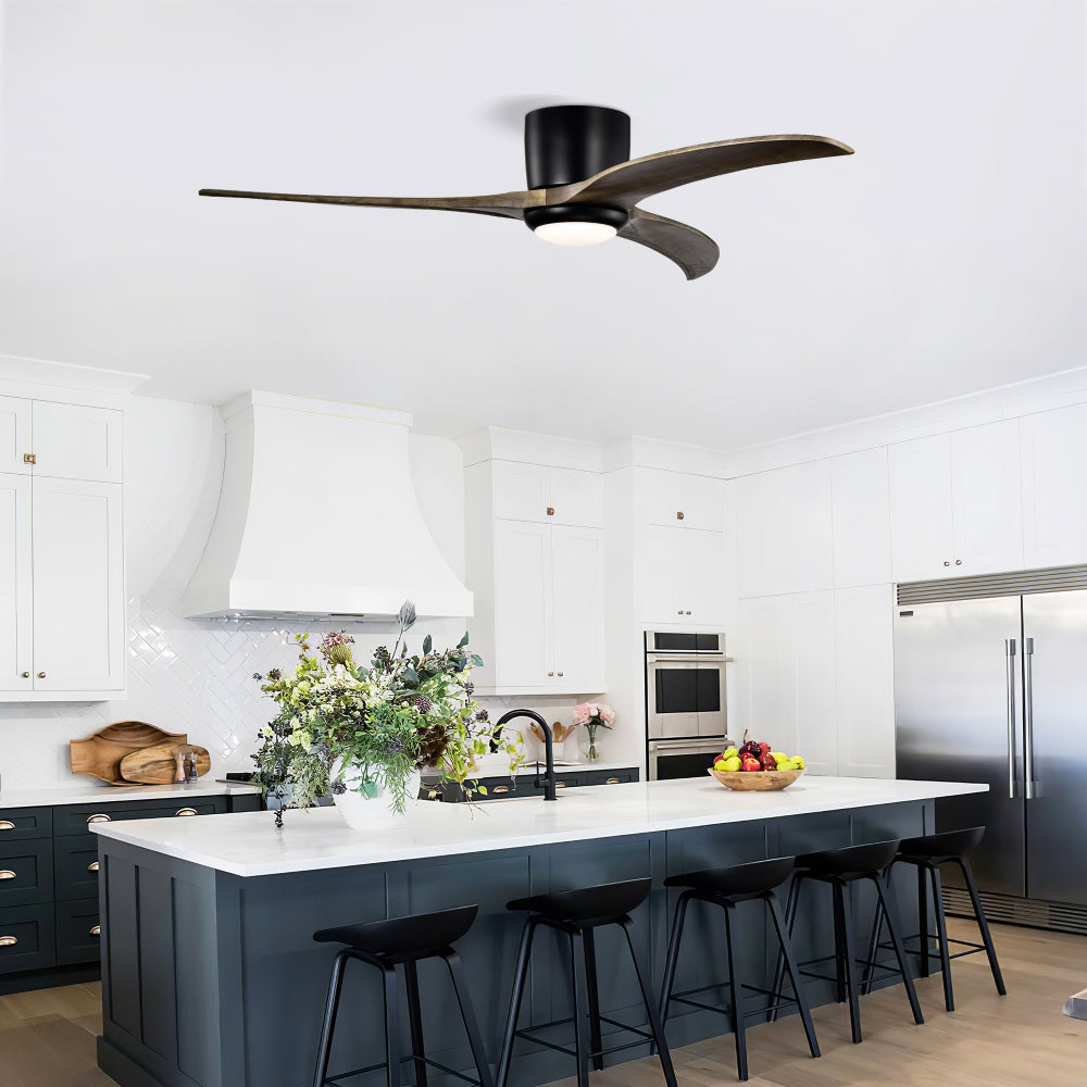 52" Flush Mount Ceiling Fan Solid Wood Blades Ceiling Fan With Light with Remote Control, Noiseless Reversible Motor, 6 Speed, for Patio Living Room, Bedroom,Indoor.(Matte Black)