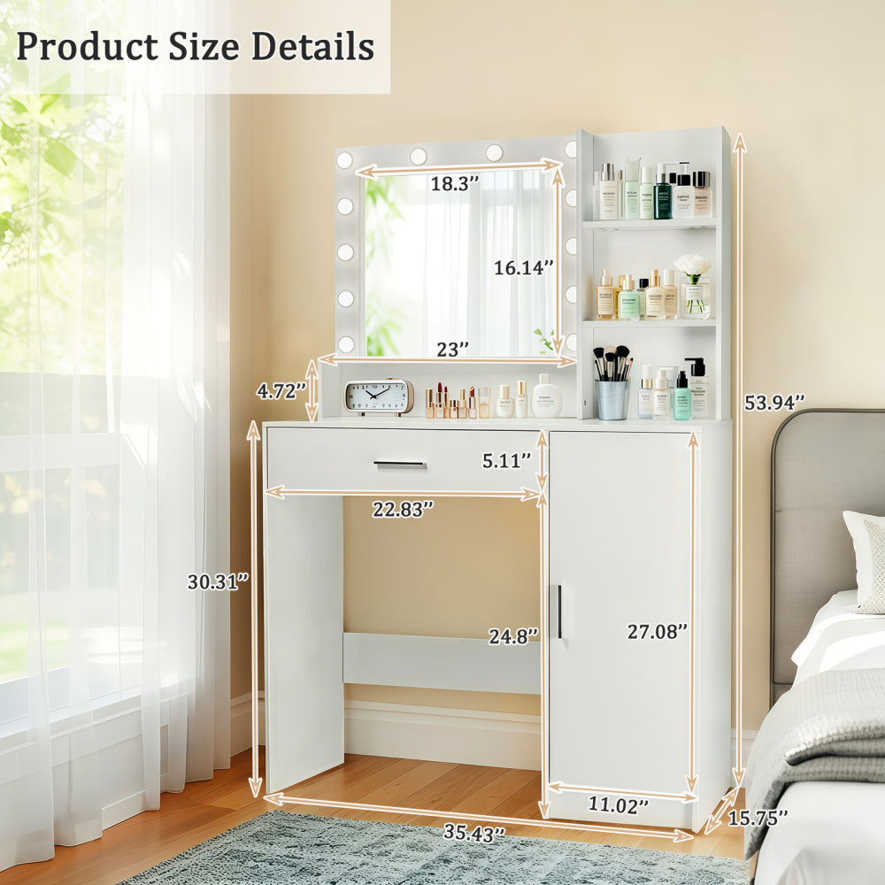 Vanity Desk with Mirror and Lights, Makeup Vanity with Drawer & Storage Cabinet, 3 Lighting Modes Adjustable Brightness, Dressing Table with Open Shelves for Bedroom, Dressing Room, White