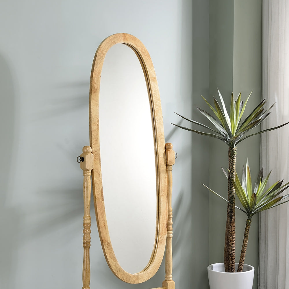 59.25" Tall Standing Wooden Floor Mirror with Natural finish, Oval Shape